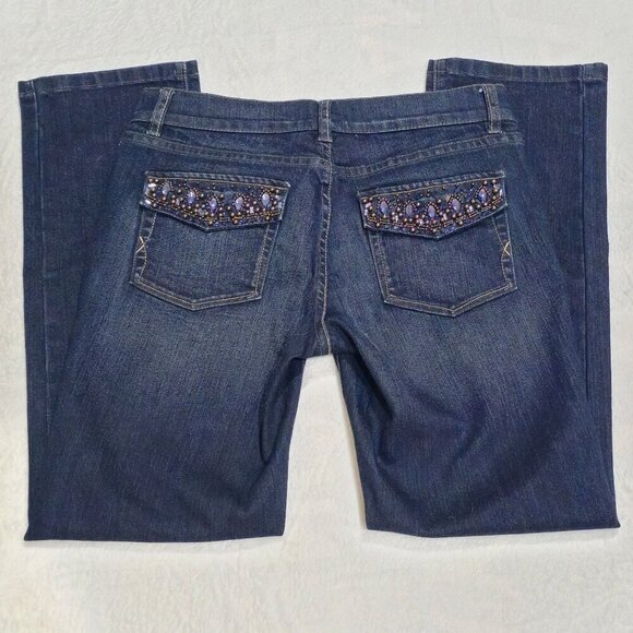 White House Black Market ✦ Rhinestone Crop Jeans ✦ Embellished Pockets Dark Wash - Picture 3 of 12